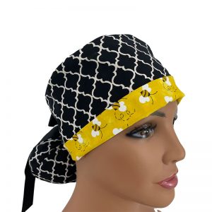 Turn Up Ponytail Medical Scrub Cap - Show Me The Honey - Black Chevrons