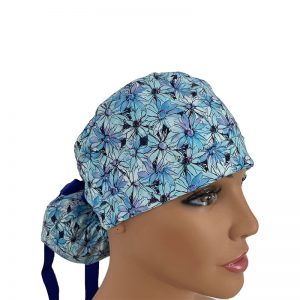 Turn Up Ponytail Medical Scrub Cap - Fleurs - French Florals - Blue