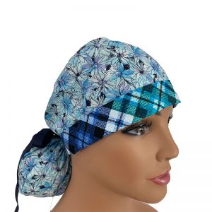Turn Up Ponytail Medical Scrub Cap - Fleurs - Plaids - Blue