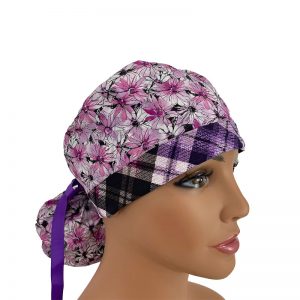 Turn Up Ponytail Medical Scrub Cap - Fleurs - Plaids - Pink/Violet
