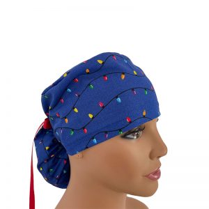 Ponytail Medical Scrub Cap-Christmas lights in Blue
