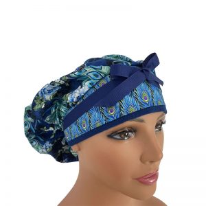 Bouffant Medical Scrub Cap-Peacock Flourish - Bejeweled Bird - Black/Gold