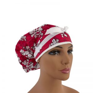 Bouffant Medical Scrub Cap - Tropic Gardens - Hibiscus Bouquet - Red