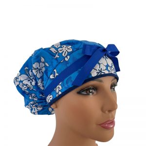 Bouffant Medical Scrub Cap - Tropic Gardens - Hibiscus Bouquet - Sky Blue