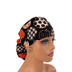 Ponytail Medical Scrub Cap-Orange, Black & White Patterned Pumpkins