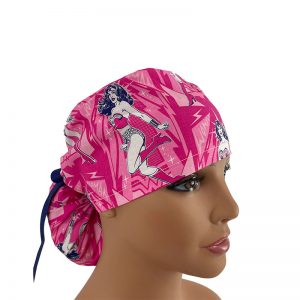 Ponytail Medical Scrub Cap - Wonder Woman Take a Stan - Pink