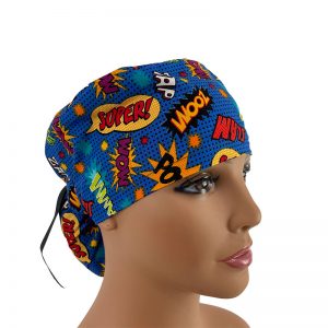 Ponytail Medical Scrub Cap - Superheroes  - Power! Boom! Bang! - Blue