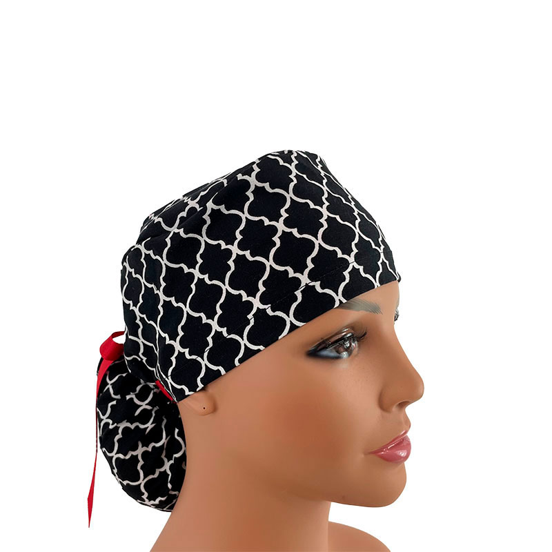 Ponytail Medical Scrub Cap - Black Chevrons