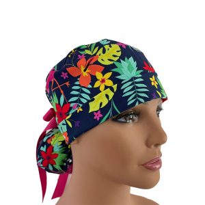 Turn Up Ponytail Medical Scrub Cap - Tropical Leaf Flamingo