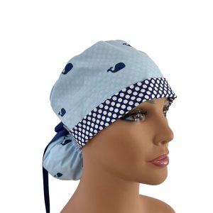 Turn Up Ponytail Medical Scrub Cap - Blue Whales - Polka Dots