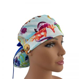 Turn Up Ponytail Medical Scrub Cap - Coastal Catch - Octopus & Crustaceans