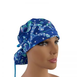 Turn Up Ponytail Medical Scrub Cap - Mermaids in Royal Blue