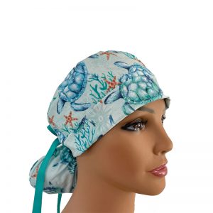 Turn Up Ponytail Medical Scrub Cap - Hooked On Fish - Sea Turtles - Aqua