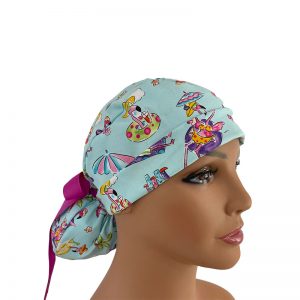 Turn Up Ponytail Medical Scrub Cap - Flamingo Beach Paradise