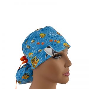 Turn Up Ponytail Medical Scrub Cap - Make A Splash - Ocean Life - Sky Blue