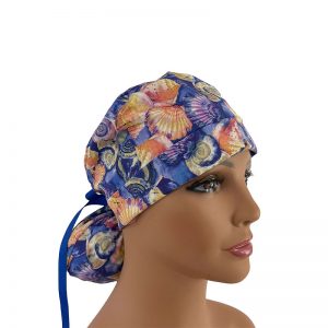 Turn Up Ponytail Medical Scrub Cap - Reef Life - Starfish & Shells - Multi