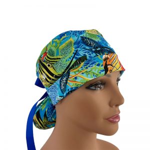 Turn Up Ponytail Medical Scrub Cap - Sea Life Paradise