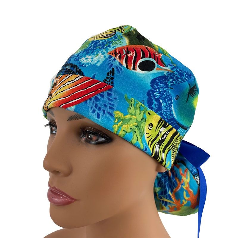 Turn Up Ponytail Medical Scrub Cap - Sea Life Paradise - Image 2