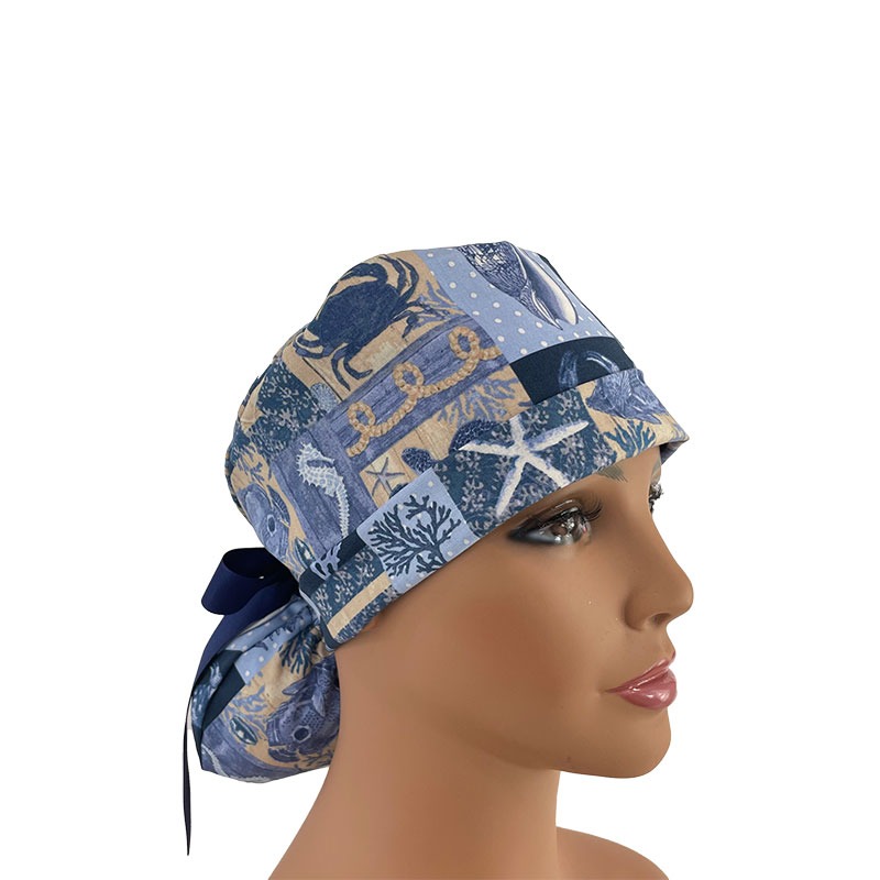 Turn Up Ponytail Medical Scrub Cap - Underwater Sea Life