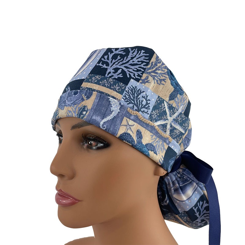 Turn Up Ponytail Medical Scrub Cap - Underwater Sea Life - Image 2