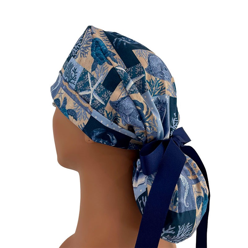 Turn Up Ponytail Medical Scrub Cap - Underwater Sea Life - Image 5
