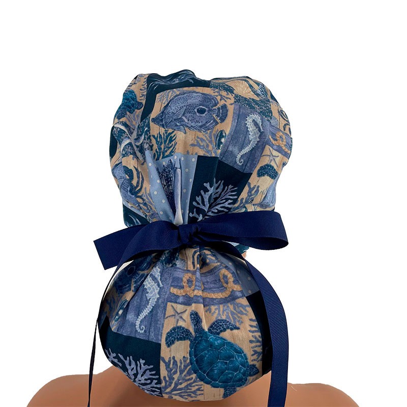 Turn Up Ponytail Medical Scrub Cap - Underwater Sea Life - Image 4