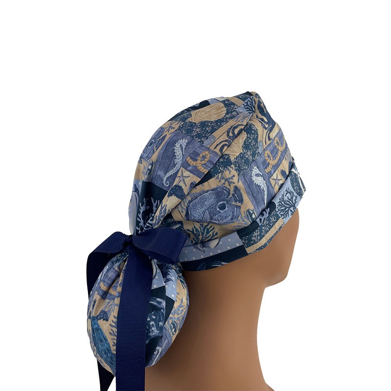 Turn Up Ponytail Medical Scrub Cap - Underwater Sea Life - Image 3