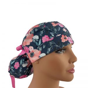 Turn Up Ponytail Medical Scrub Cap - Enchanted - Top Secret Garden - Cobalt Blue