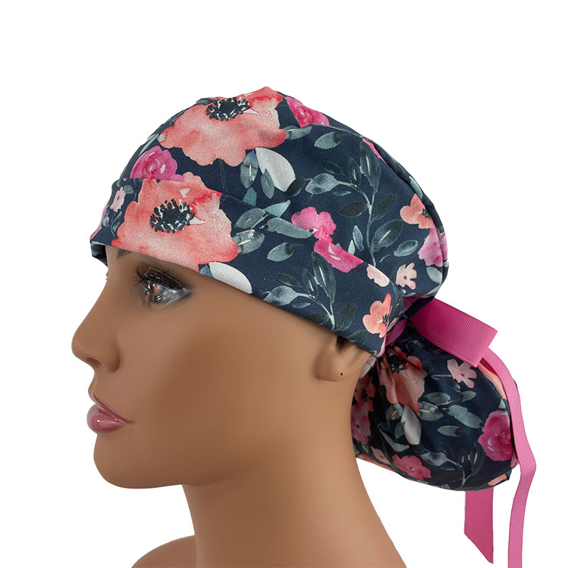 Turn Up Ponytail Medical Scrub Cap - Enchanted - Top Secret Garden - Cobalt Blue - Image 2