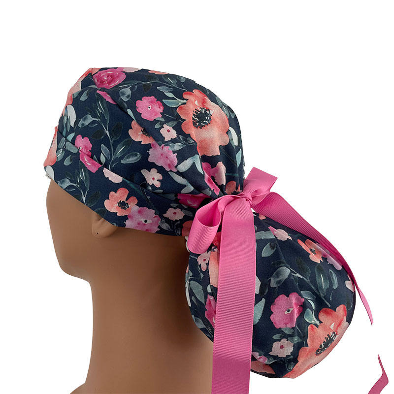 Turn Up Ponytail Medical Scrub Cap - Enchanted - Top Secret Garden - Cobalt Blue - Image 5