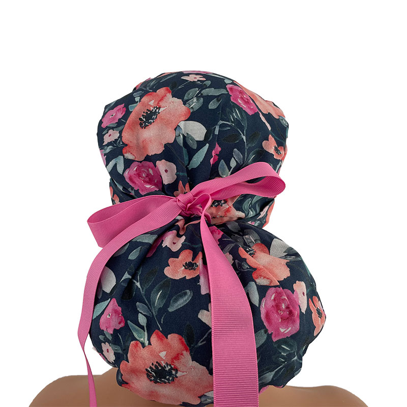 Turn Up Ponytail Medical Scrub Cap - Enchanted - Top Secret Garden - Cobalt Blue - Image 4