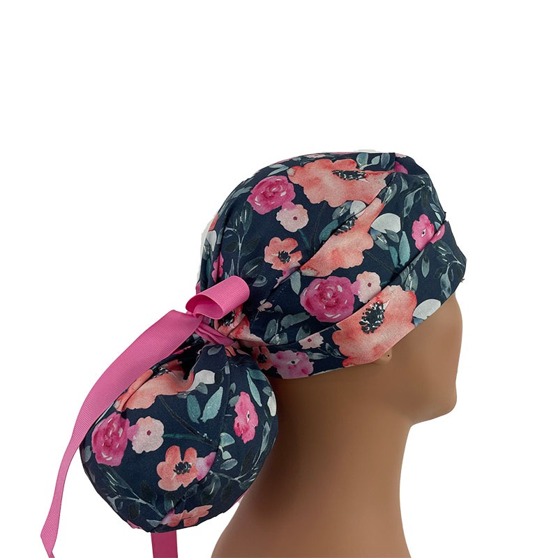 Turn Up Ponytail Medical Scrub Cap - Enchanted - Top Secret Garden - Cobalt Blue - Image 3