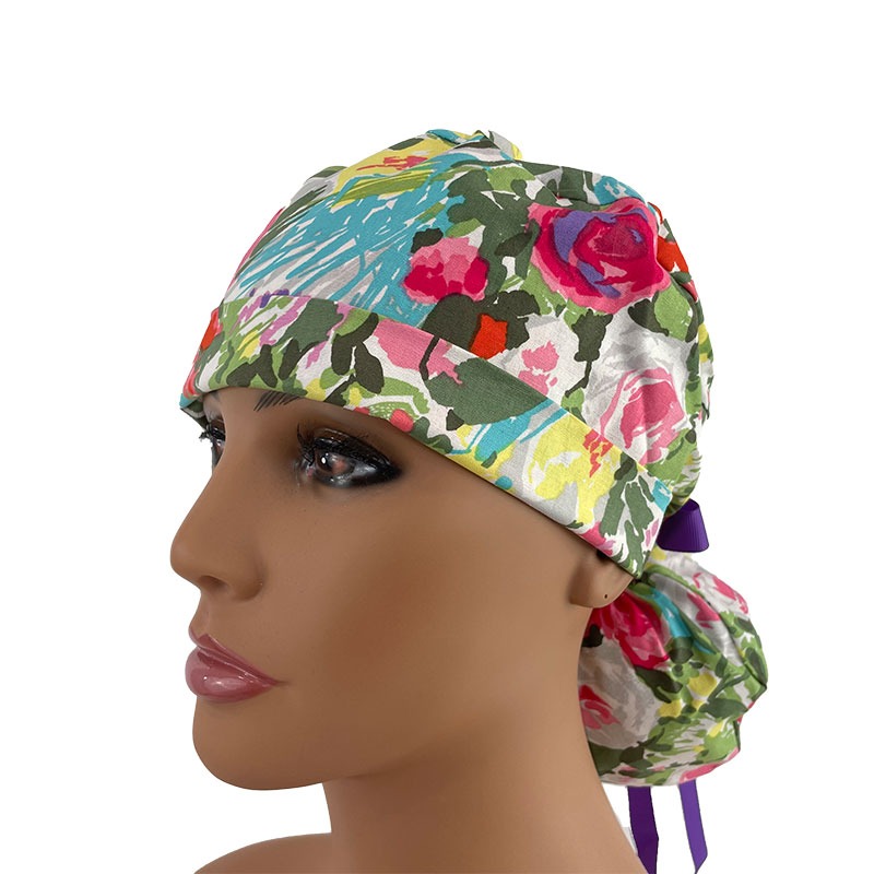 Turn Up Ponytail Medical Scrub Cap - Tropical Floral Wonder - Image 2