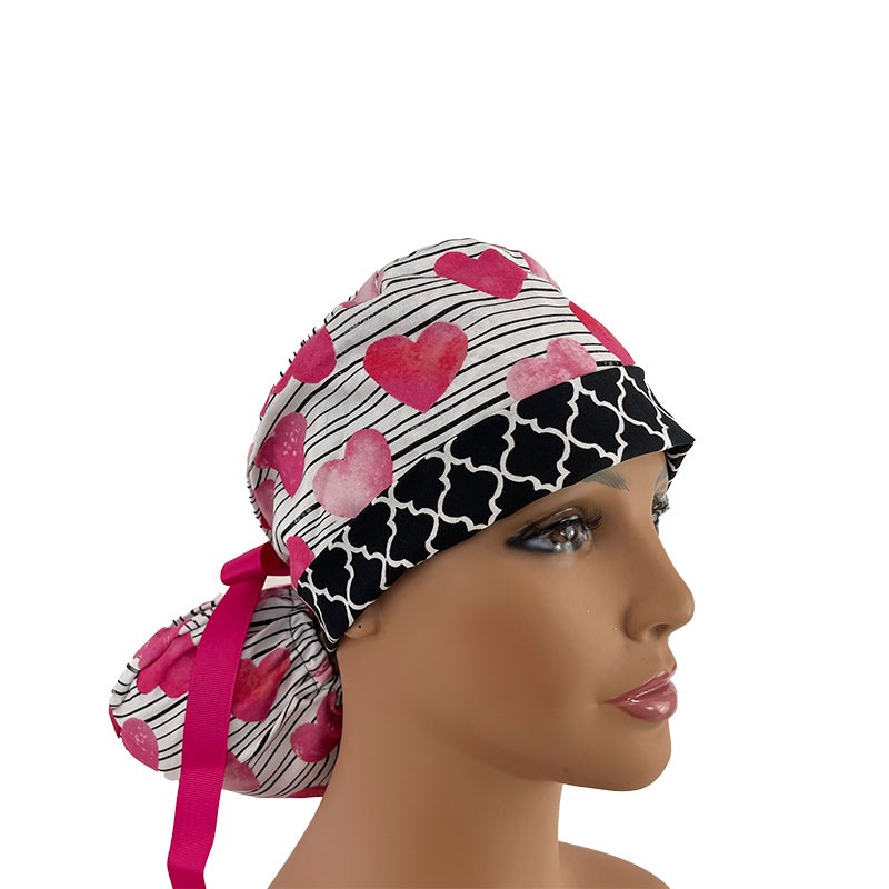 Turn Up Ponytail Medical Scrub Cap - Hearts & Striped Cotton