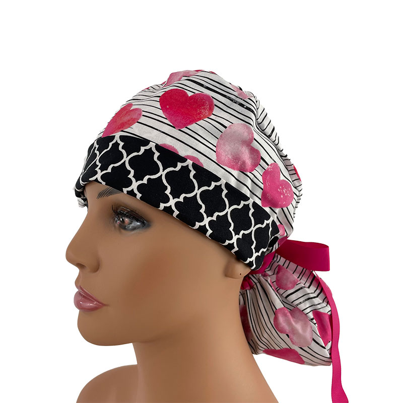 Turn Up Ponytail Medical Scrub Cap - Hearts & Striped Cotton - Image 2