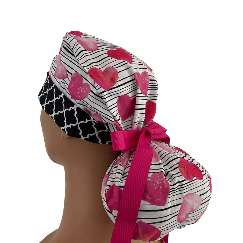 Turn Up Ponytail Medical Scrub Cap - Hearts & Striped Cotton - Image 5