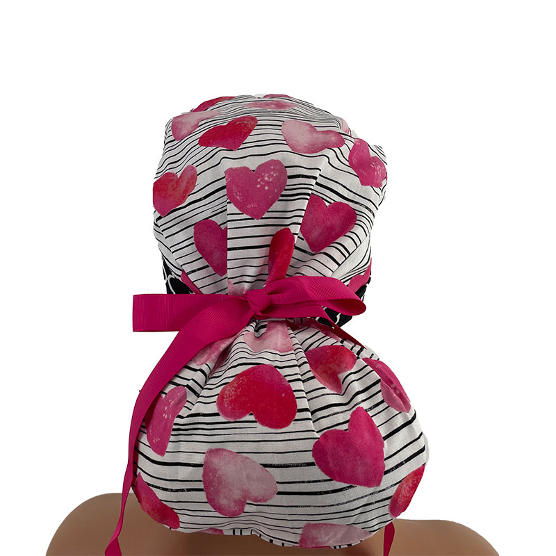 Turn Up Ponytail Medical Scrub Cap - Hearts & Striped Cotton - Image 4
