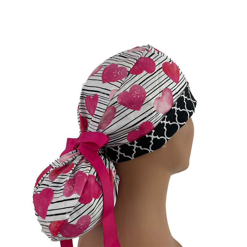 Turn Up Ponytail Medical Scrub Cap - Hearts & Striped Cotton - Image 3