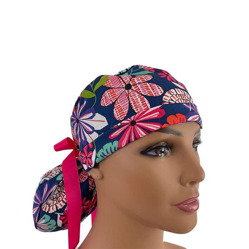 Turn Up Ponytail Medical Scrub Cap - Fall Flowers