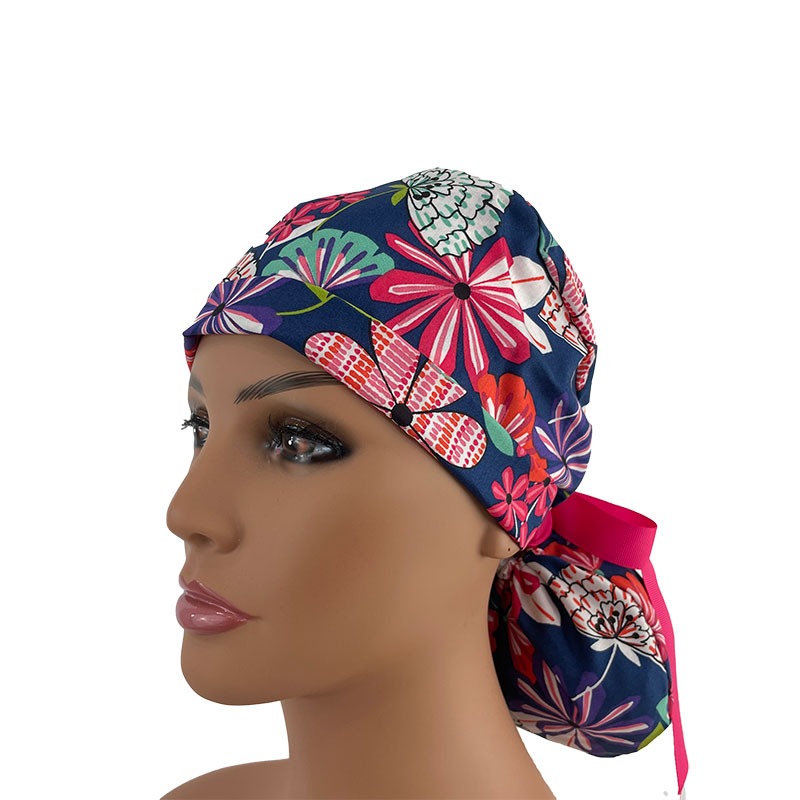 Turn Up Ponytail Medical Scrub Cap - Fall Flowers - Image 2