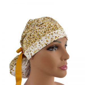 Turn Up Ponytail Medical Scrub Cap - Golden Dots