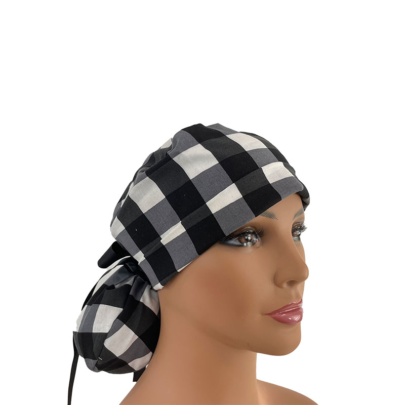 Turn Up Ponytail Medical Scrub Cap - White & Black Buffalo Check Cotton Fabric