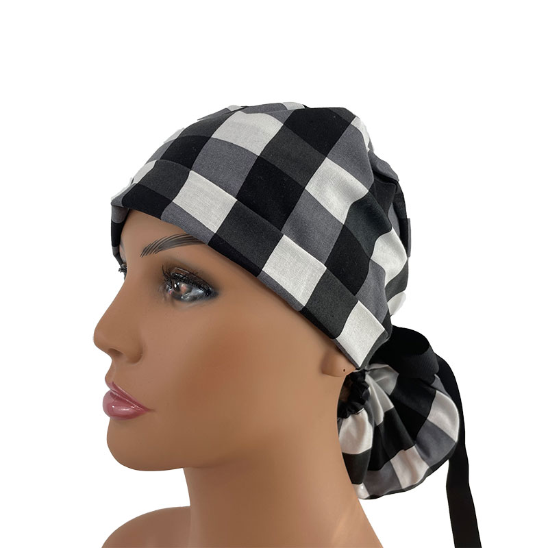 Turn Up Ponytail Medical Scrub Cap - White & Black Buffalo Check Cotton Fabric - Image 2