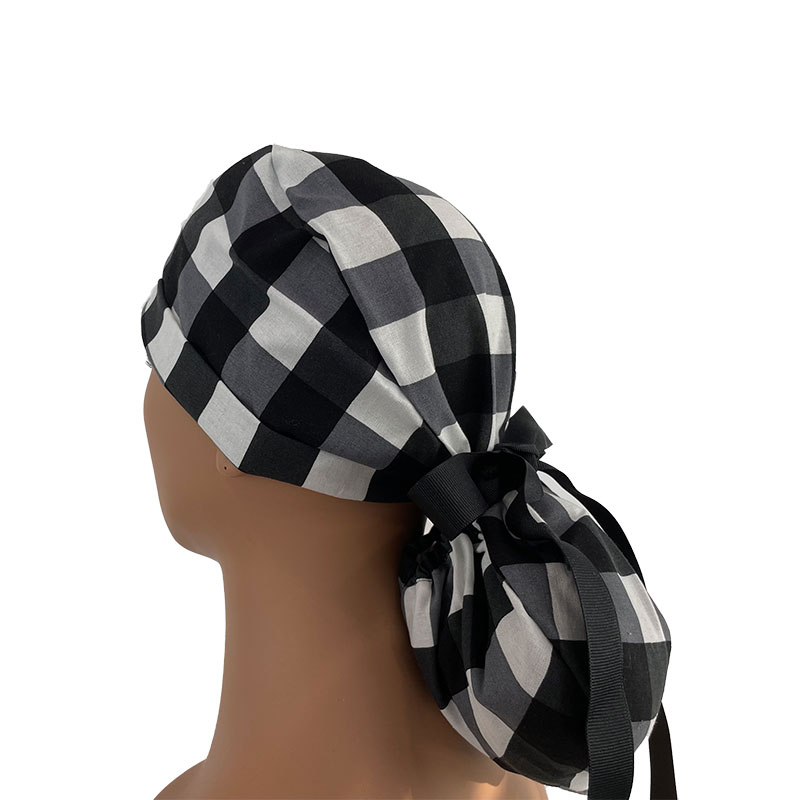 Turn Up Ponytail Medical Scrub Cap - White & Black Buffalo Check Cotton Fabric - Image 5