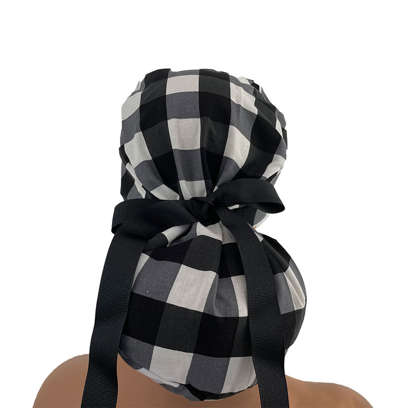 Turn Up Ponytail Medical Scrub Cap - White & Black Buffalo Check Cotton Fabric - Image 4