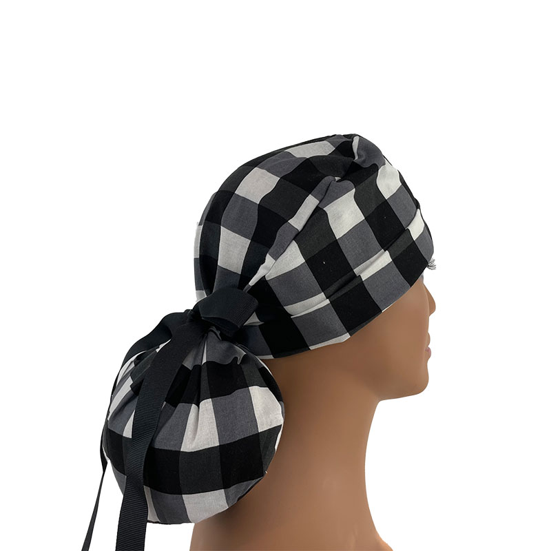 Turn Up Ponytail Medical Scrub Cap - White & Black Buffalo Check Cotton Fabric - Image 3