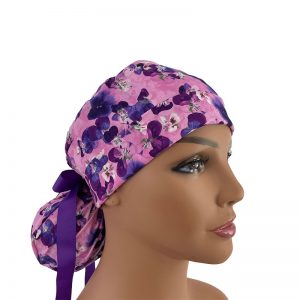 Turn Up Ponytail Medical Scrub Cap - Pansy Party - Plum