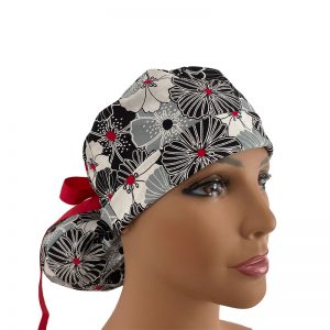 Turn Up Ponytail Medical Scrub Cap - Poppy Flowers