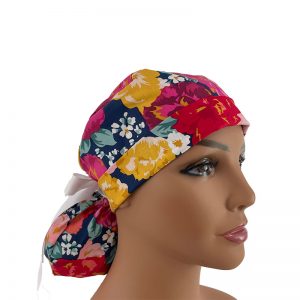 Turn Up Ponytail Medical Scrub Cap - Bold Packed Floral