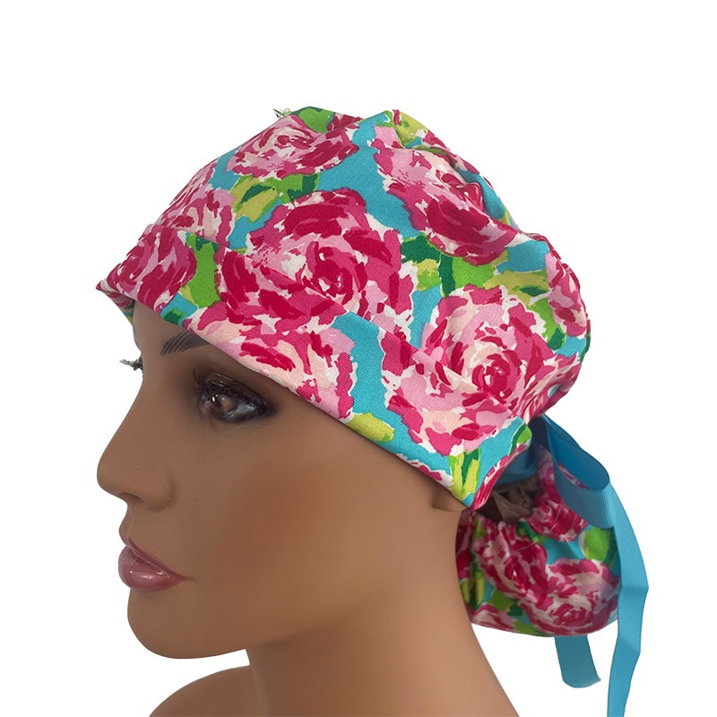 Turn Up Ponytail Medical Scrub Cap - In Full Bloom – Hot Pink Multi - Image 2